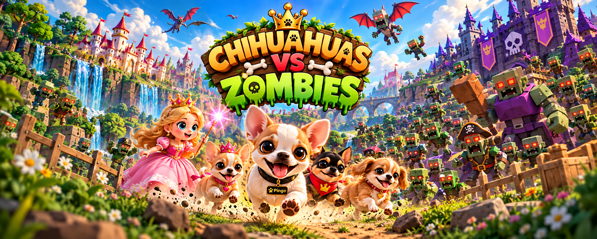 Pingo, a Princesa e os chihuahuas enfrentando uma horda de zumbis