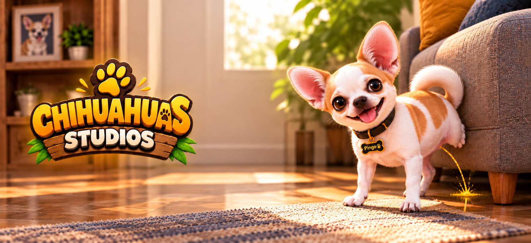 Pingo, mascote da Chihuahuas Studios, fazendo sua travessura clássica perto do sofá